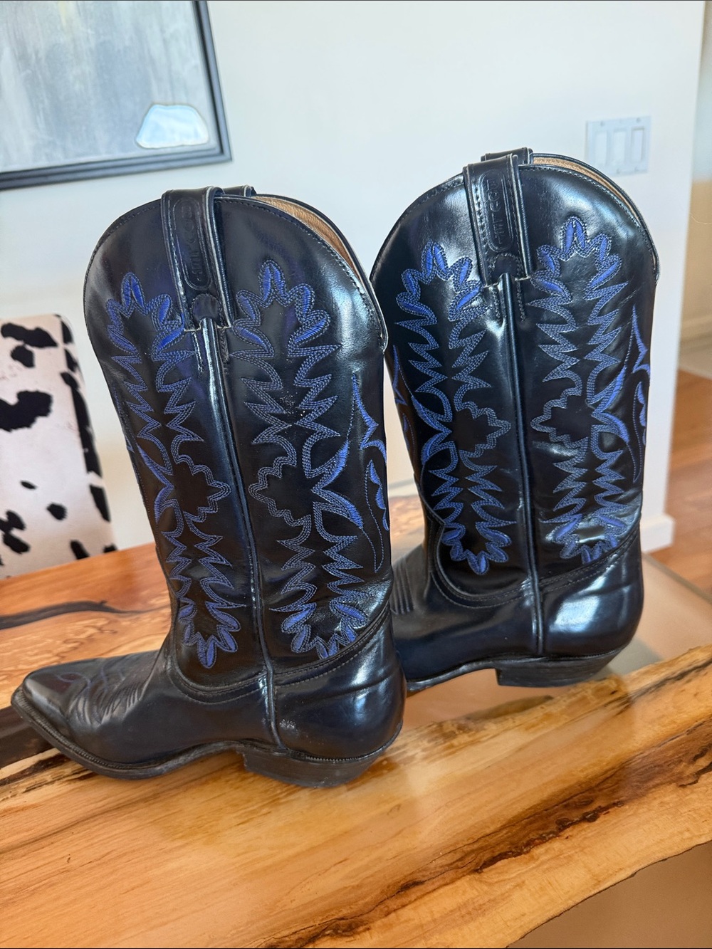 Black Cowboy Boots with Blue Embroidered Shaft